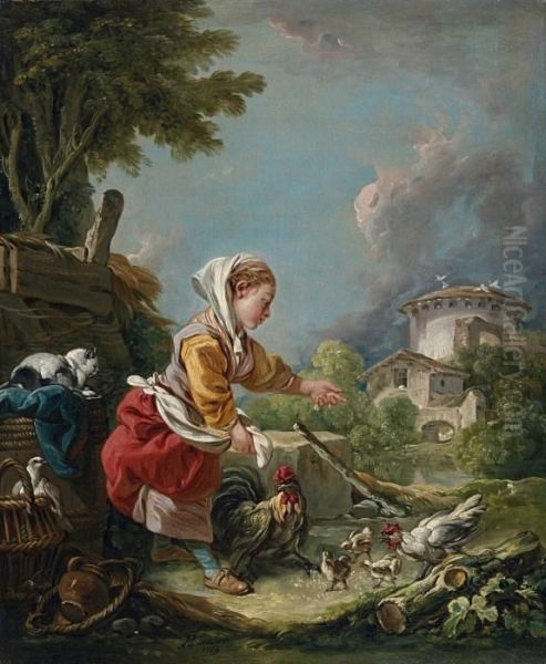 Junges Madchen Beim Huhnerfuttern Oil Painting by Francois Boucher