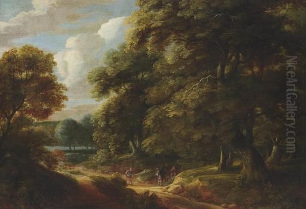 A Wooded Landscape With Travellers On A Track Conversing Oil Painting by Adriaen Frans Boudewijns