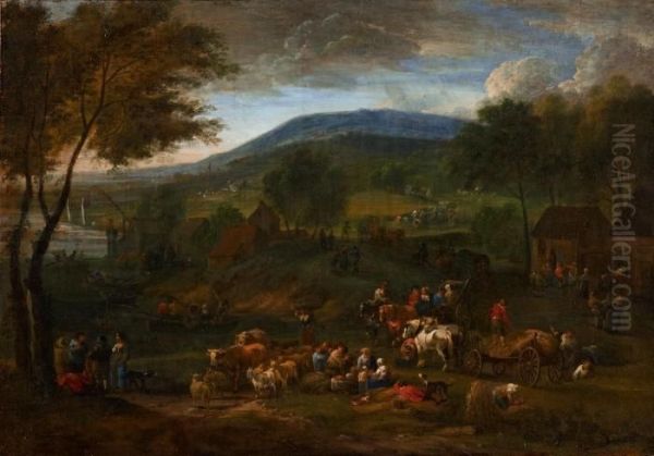 Weite Flusslandschaft Mit Bauern Und Vieh Oil Painting by Adriaen Frans Boudewijns