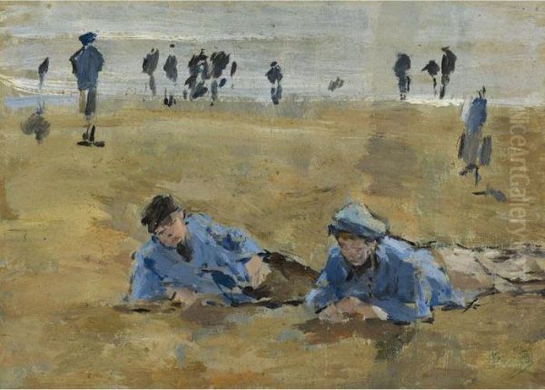 Deux Garcons Allonges Sur La Plage Oil Painting by Eugene Boudin