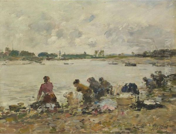 Laveuses Au Bord De La Touques Oil Painting by Eugene Boudin