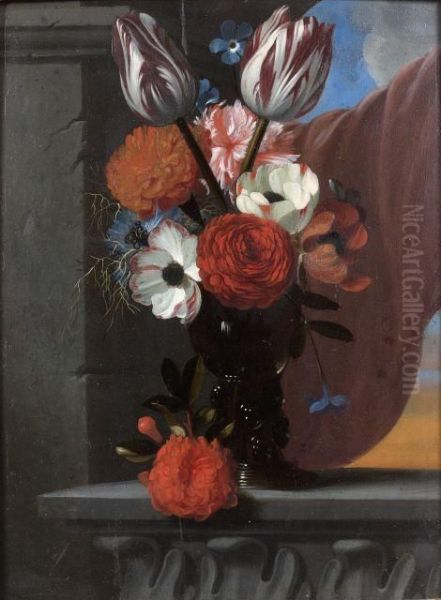 Oeillets, Tulipes Et Pensees Dans Un Vase Pose Sur Un Entablement Oil Painting by Michel Bouillon