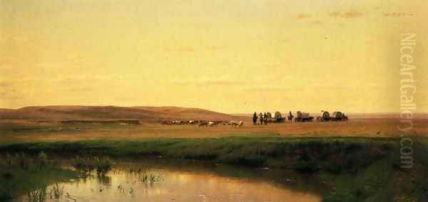 A Wagon Train on the Plains, Platte River Oil Painting by Thomas Worthington Whittredge