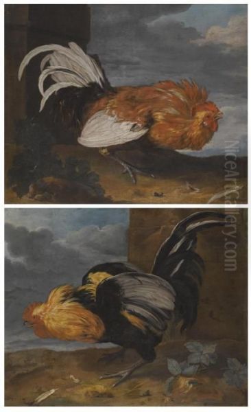 Two Studies Of A Cockerel In A Landscape Looking In Opposite Directions Oil Painting by Jacob Bouttats