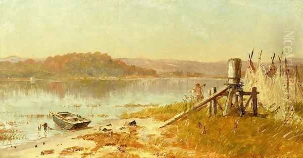 A Fisherman's Windlass, sketch on the Hudson Oil Painting by Thomas Worthington Whittredge