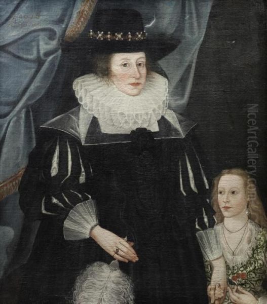 Portrait Of Catherine Babington And Her Daughter Lucy, Standing Before A Blue Curtain Oil Painting by Edward Bower