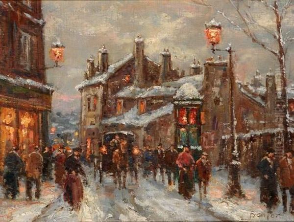 Montmartre, Rue Animee Sous La Neige Oil Painting by Emile Boyer