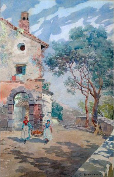 Scorcio Di Paese Con Figure Oil Painting by Carlo Brancaccio