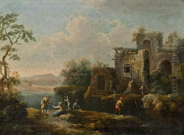 Fluslandschaft Mit Einer Ruine Und Anglern Oil Painting by Christian Hilfgott Brand