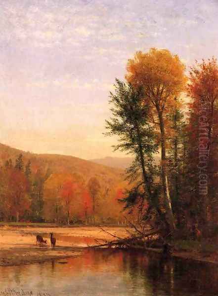 Deer in an Autumn Landscape Oil Painting by Thomas Worthington Whittredge