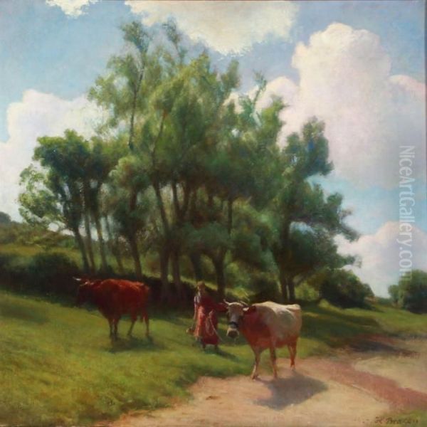 Summer Landscape With A Peasant Woman And Two Cows Oil Painting by Hans Ole Brasen