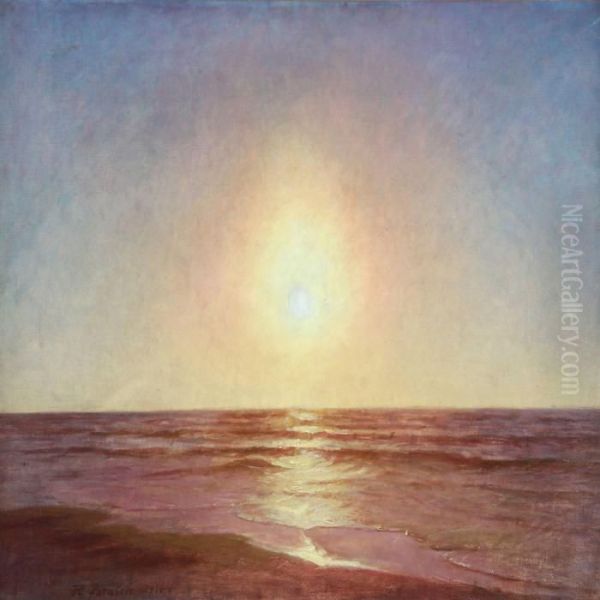 Sunset Over The Ocean Oil Painting by Hans Ole Brasen