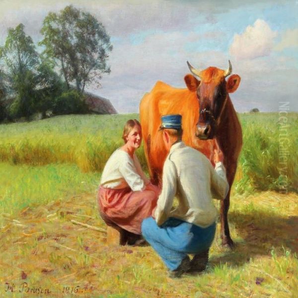 Young Milkmaid Is Milking The Cow Oil Painting by Hans Ole Brasen