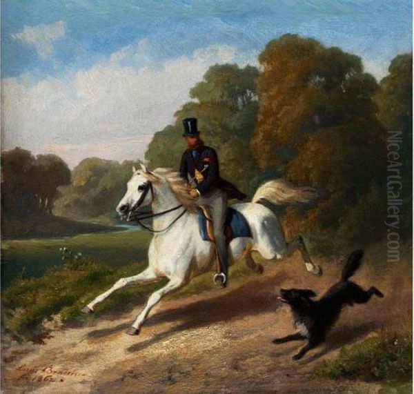 Ausritt Eines Herrn Mit Zylinder Auf Einem Schimmel In Begleitung Eines Hundes Oil Painting by Louis Braun