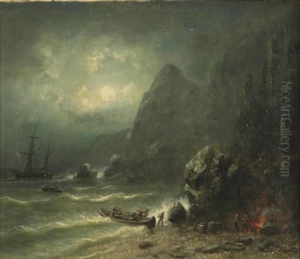 Unloading A Ship On A Seashore By Moonlight Oil Painting by Albert Bredow