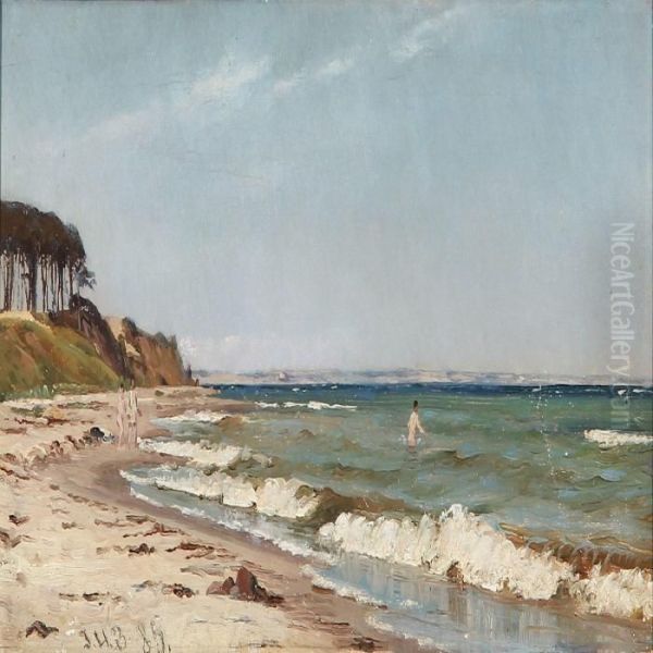 Beach Scene With Bathing Boys And A Woman Oil Painting by Johan Ulrik Bredsdorff