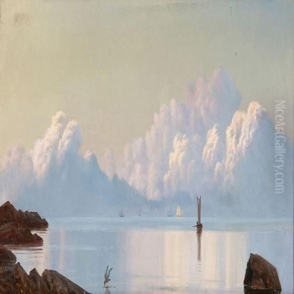 Rocky Coastal Scene, In The Background Clouds In The Evening Sund Oil Painting by Johan Ulrik Bredsdorff