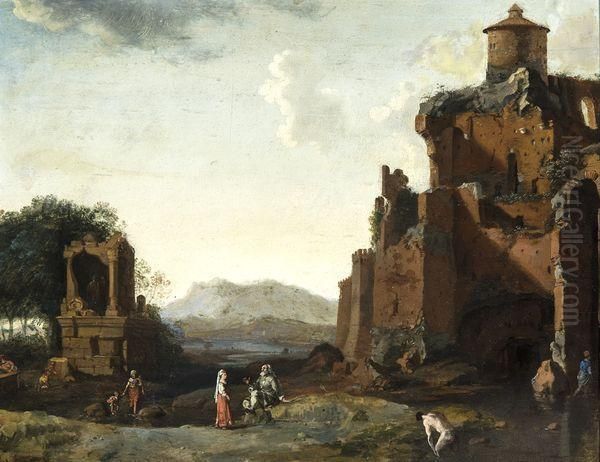 Paysage Avec Personnages Pres D'une Ruine Oil Painting by Bartholomeus Breenbergh