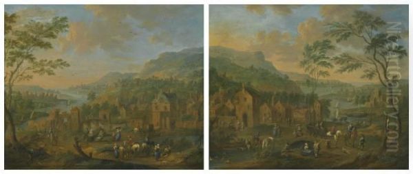 Two Scenes Of A Village On The Banks Of A River Oil Painting by Karel Van Breydel (Le Chevalier)