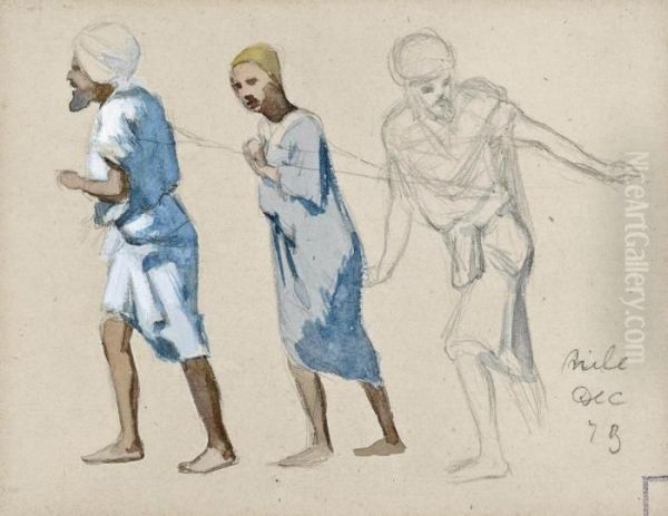 Three Studies Of Figures Towing A Dahabiya, Egypt Oil Painting by Frederick Arthur Bridgman