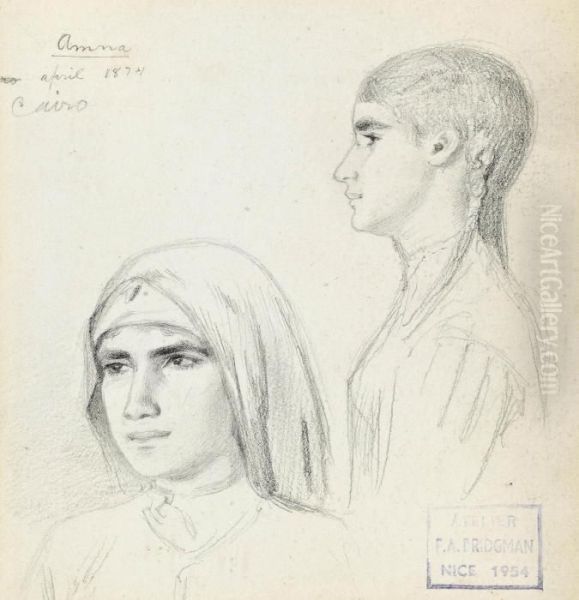 Studies Of Amna, An Egyptian 
Girl Of Cairo (illustrated); And Study Of A Young Egyptian Boy Wearing A
 Turban Oil Painting by Frederick Arthur Bridgman