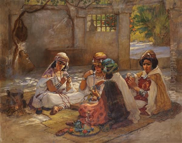 Joueuses De Cartes, Ouled Nails, Touggourt Oil Painting by Frederick Arthur Bridgman