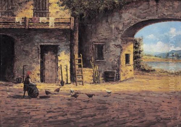 Nel Cortile Del Cascinale Oil Painting by Antonio, Anton Brioschi