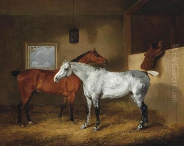 A Dappled Grey And A Chestnut Hunter In A Stable, With Windsor Castle Beyond Oil Painting by Edmund Bristow