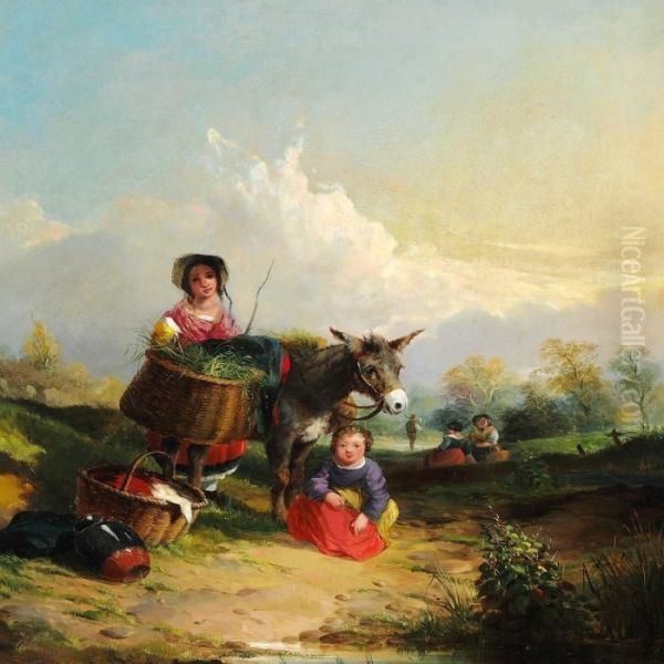 Mother And Child With Their Donkey On A Path Oil Painting by William Bromley