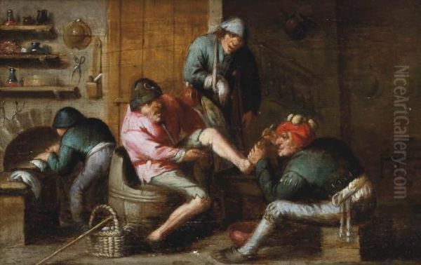 A Quack Operating On The Foot Of A Peasant Oil Painting by Adriaen Brouwer