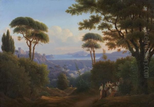 Landschaft Mit Landbevolkerung Am Golf Von Salerno Oil Painting by Wilhelm Brucke