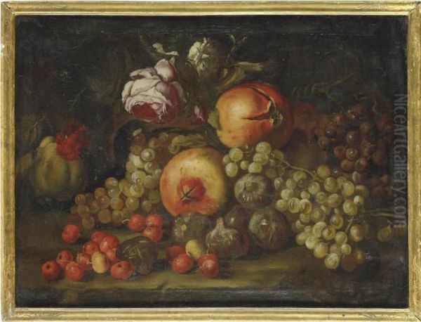 Pomegranates, Figs, Grapes, Roses And A Carnation On A Stone Ledge Oil Painting by Abraham Brueghel