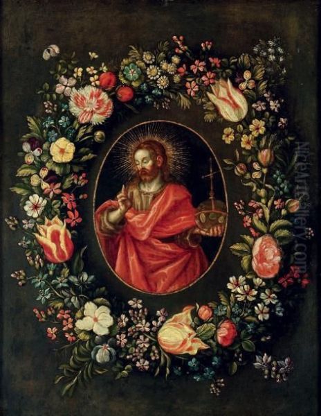 Christ Benissant Entoure D'une Guirlande De Fleurs Oil Painting by Jan The Elder Brueghel