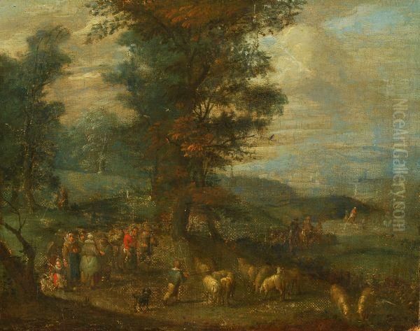 Figures In A Wooded Landscape With A Town Beyond Oil Painting by Jan The Elder Brueghel