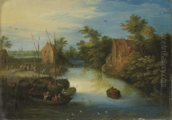 Villageois Chargeant Leurs Barques Au Bord D'un Ruisseau Oil Painting by Jan Brueghel the Younger