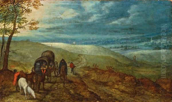 Weite Hugelige Landschaft Mit Planwagen Oil Painting by Jan Brueghel the Younger