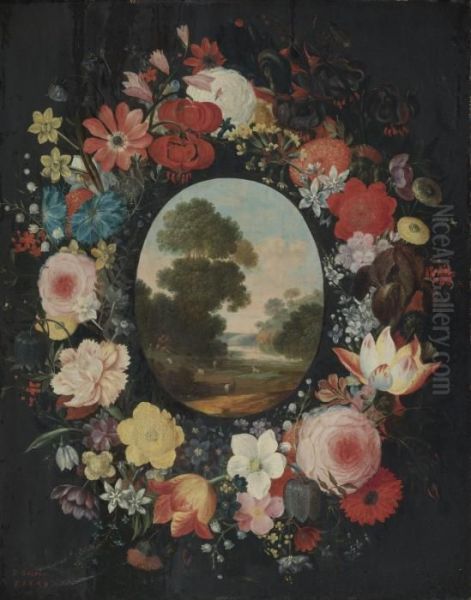 Landscape Surrounded By A Wreath Of Roses, Tulips, Jasmine And Other Flowers Oil Painting by Jan Peeter Brueghel