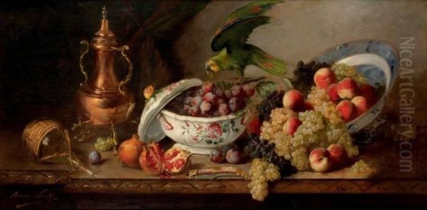 Nature Morte Aux Fruits Et Au Perroquet Sur Un Entablement Oil Painting by Alphonse de Neuville