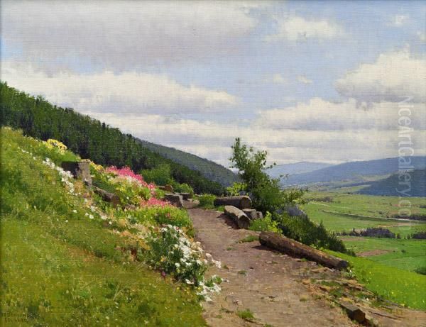 Landschaft Mit Bluhender Wiese Oil Painting by Ferdinand Brunner