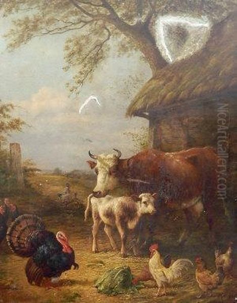 A Cow With A Calf, A Turkey, Chickens And Ducks In A Farmyard Oil Painting by Henry Bryant