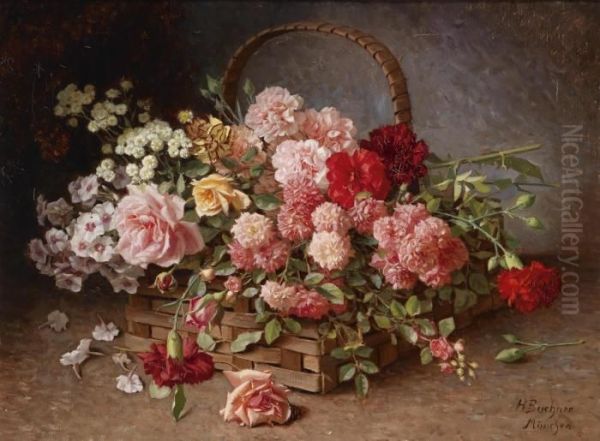 A Basket Of Roses And Carnations Oil Painting by Hans Buchner