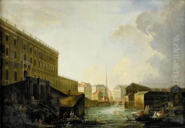 Utsikt Mot Stockholms Slott Och Norrstrom Med Mynttorget I Fonden Oil Painting by Pierre Joseph Buchoz