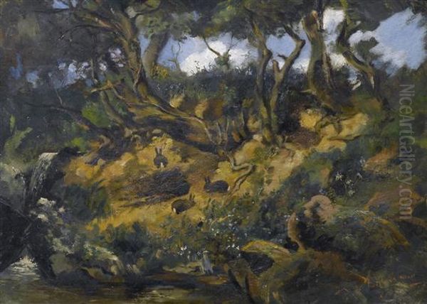 Forest Embankment With Rabbits Oil Painting by Frank Buchser