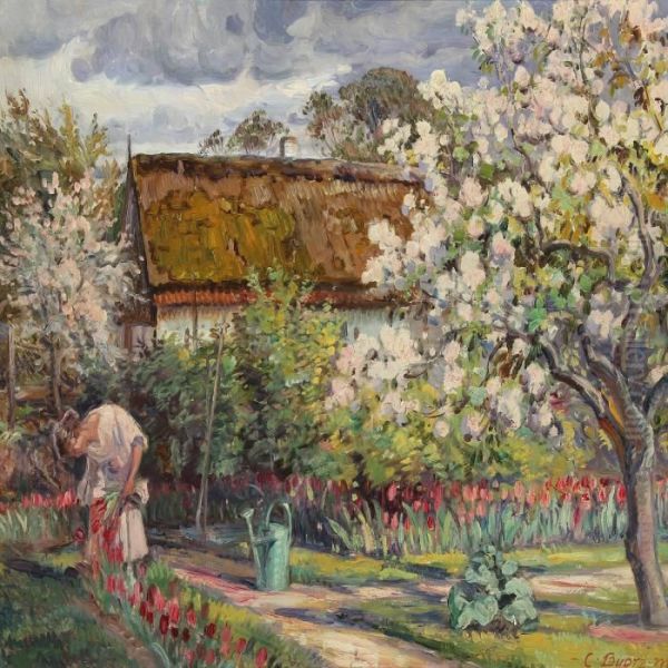 Spring Garden In Blossom With A Woman In A Pink Dress Oil Painting by Carl Budtz-Moller