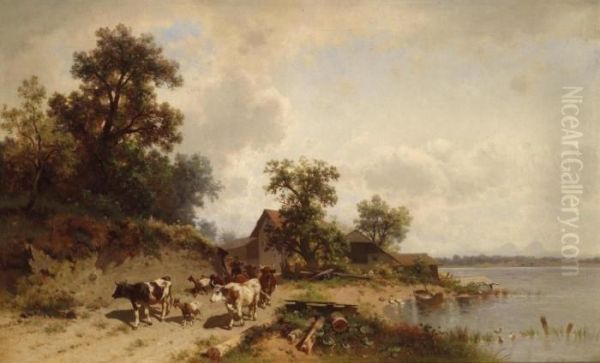 Herd Of Cattle On The Lakeshore Oil Painting by Conrad Buhlmayer