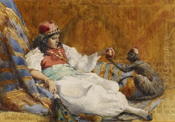 Odalisque With An Ape Oil Painting by Arthur Alfred Burrington