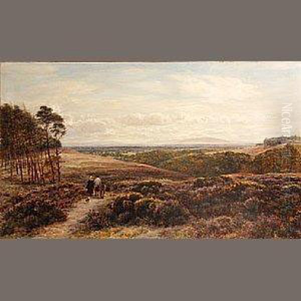 An Extensive Landscape With Two Figures, A Donkey And A Dog On A Track Oil Painting by Charles Thomas Burt