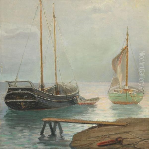 Ships At Anchor Oil Painting by Peter Busch