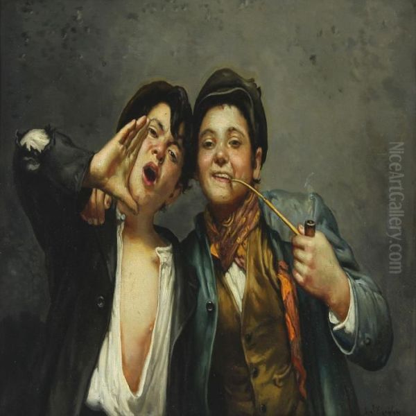 Two Boys With A Pipe Oil Painting by Vincenzo Busciolano