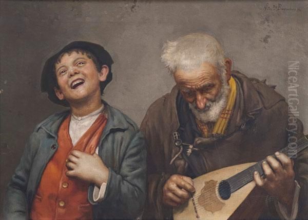 Vecchio Suonatore Di Mandolino Con Giovane Cantore Oil Painting by Vincenzo Busciolano